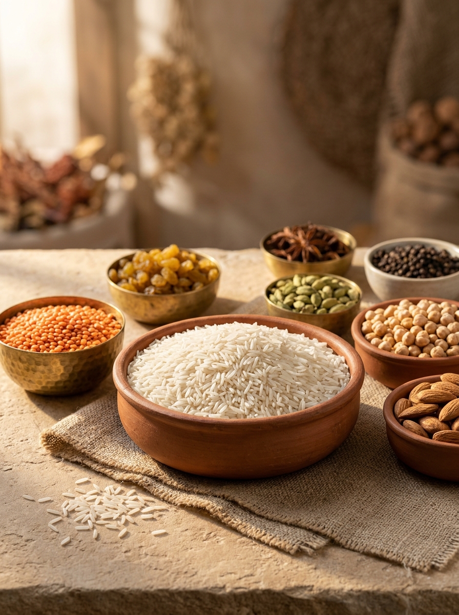 Editorial still life of premium long-grain Basmati rice, pulses, lentils, dry fruits, and culinary spices in handcrafted terracotta and brass bowls — Rawahil Al Qaswa